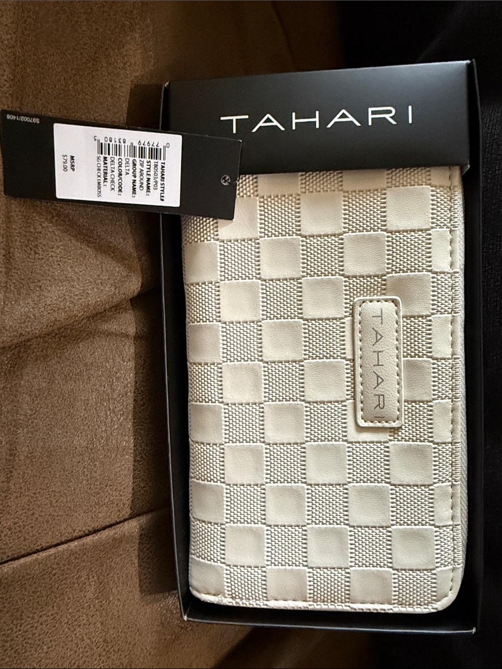 Tahari Cream Checkered Zip Wallet with Logo Patch
